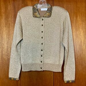 Vintage Valerie Stevens Metallic Gold Cardigan with Beaded Collar